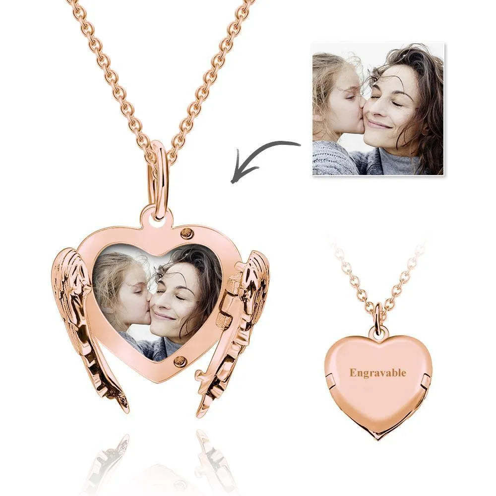 Engravable Photo Locket Necklace Personalized Heart Angel Wings Sterling Silver Gift For Mom - soufeelus