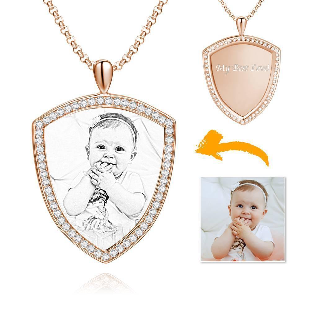 Women's Personalized Photo Engraved Necklace, Rhinestone Crystal Shield Shape Photo Necklace Rose Gold Plated - Sketch - MadeMineAU