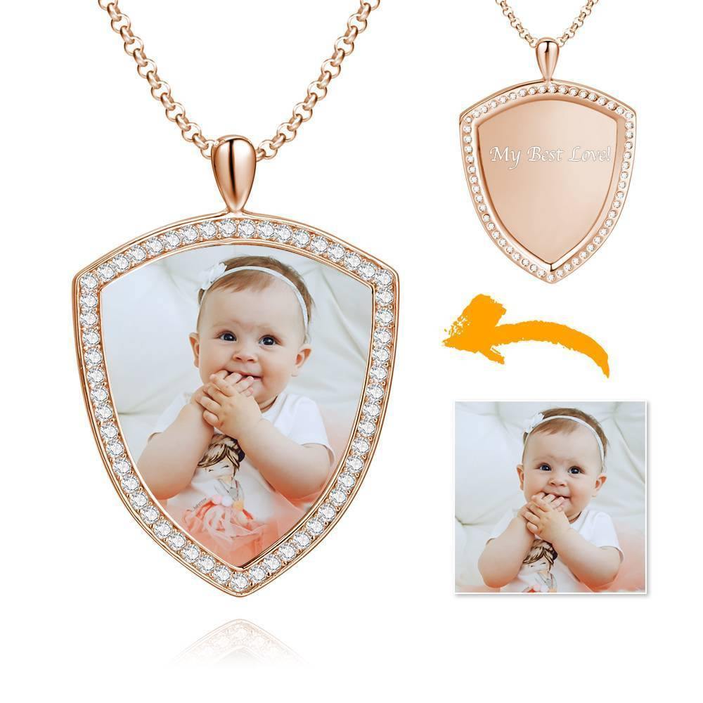 Women's Personalized Photo Engraved Necklace, Rhinestone Crystal Shield Shape Photo Necklace Rose Gold Plated - Colorful - MadeMineAU