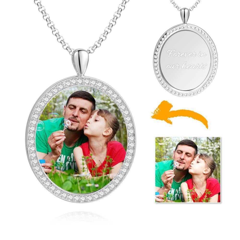 Women's Personalized Photo Engraved Necklace, Rhinestone Crystal Oval Shape Photo Necklace Platinum Plated Silver - Colorful - MadeMineAU