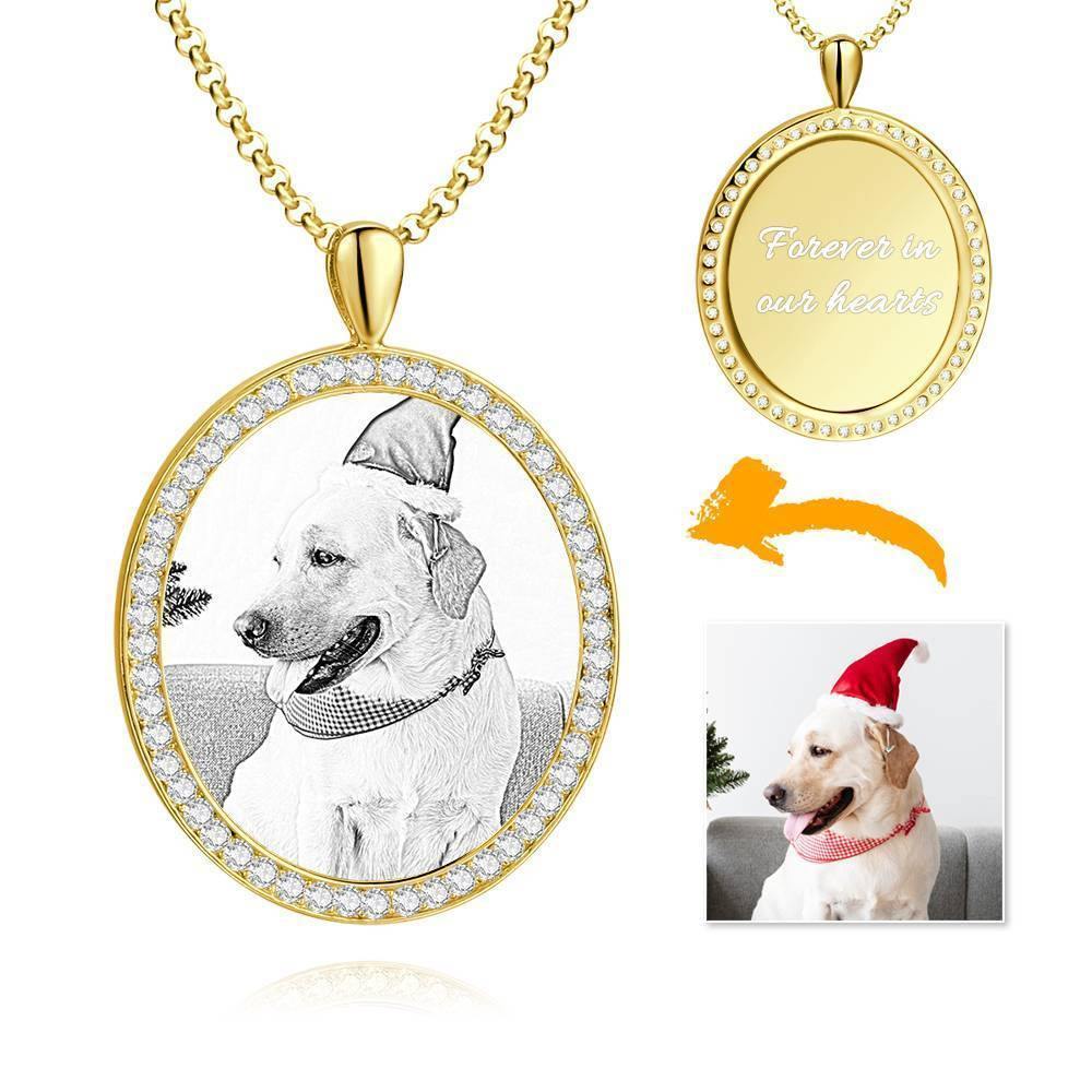 Women's Personalized Photo Engraved Necklace, Rhinestone Crystal Oval Shape Photo Necklace Platinum Plated Silver - Sketch - MadeMineAU