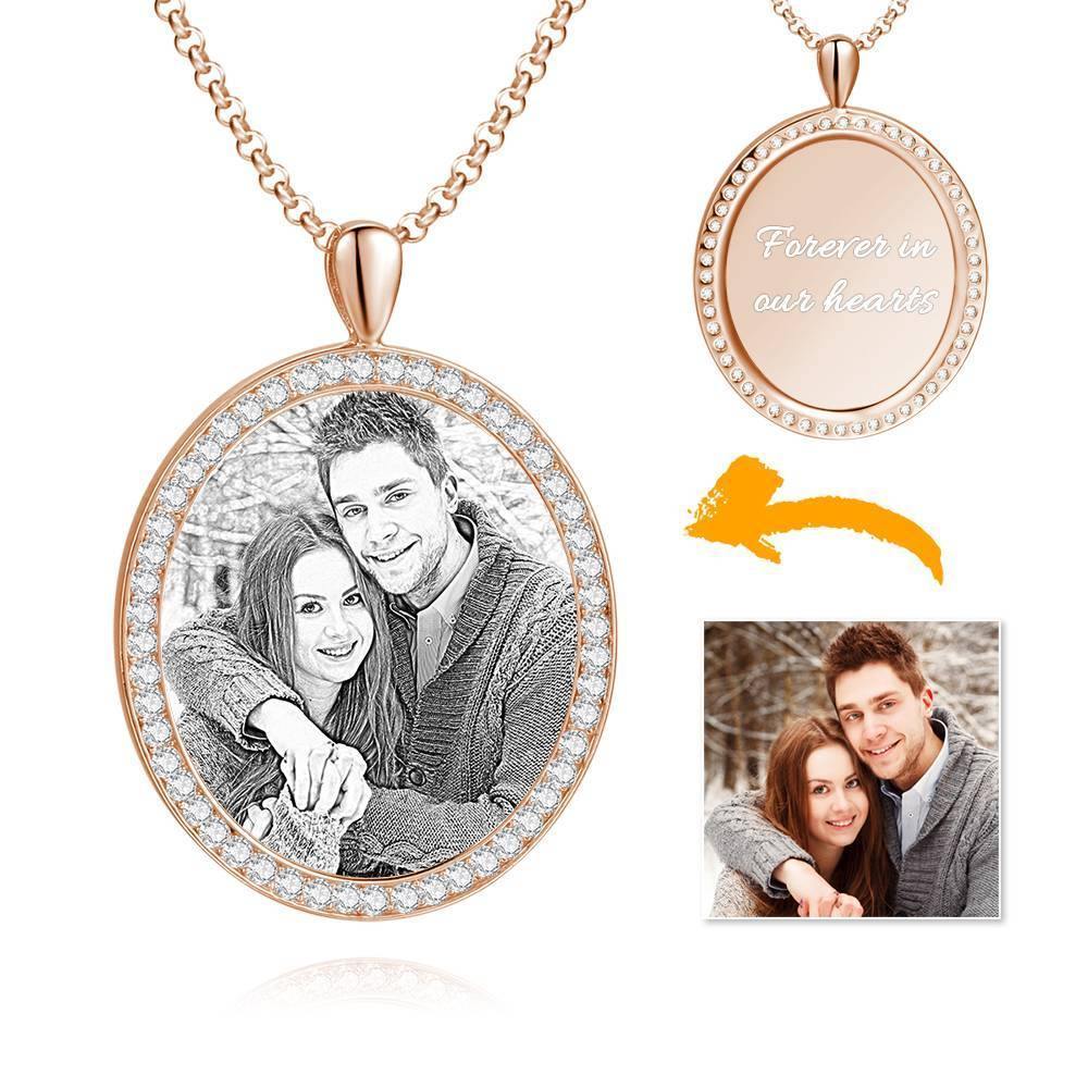Women's Personalized Photo Engraved Necklace, Rhinestone Crystal Oval Shape Photo Necklace Platinum Plated Silver - Sketch - MadeMineAU