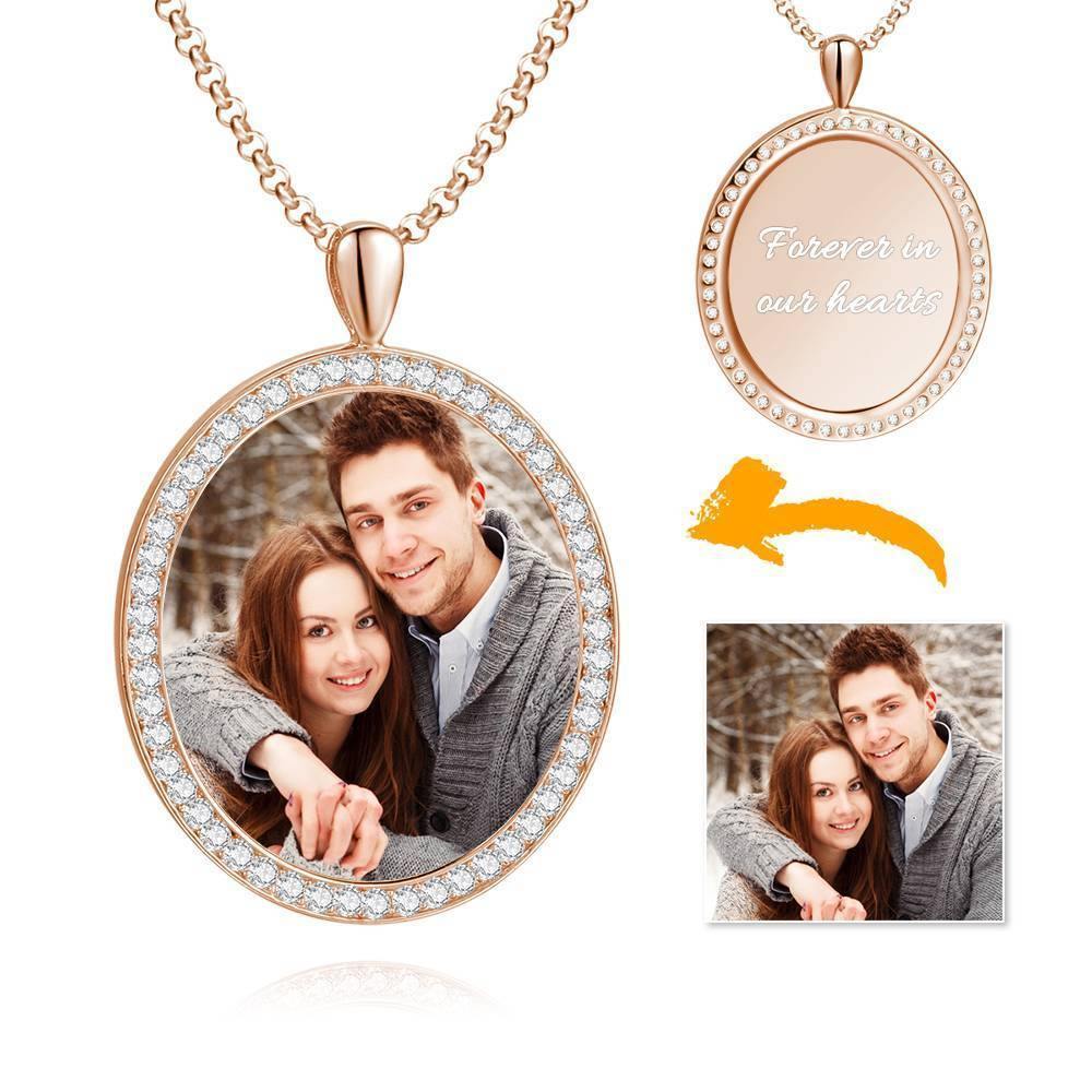 Women's Personalized Photo Engraved Necklace, Rhinestone Crystal Oval Shape Photo Necklace Platinum Plated Silver - Colorful - MadeMineAU