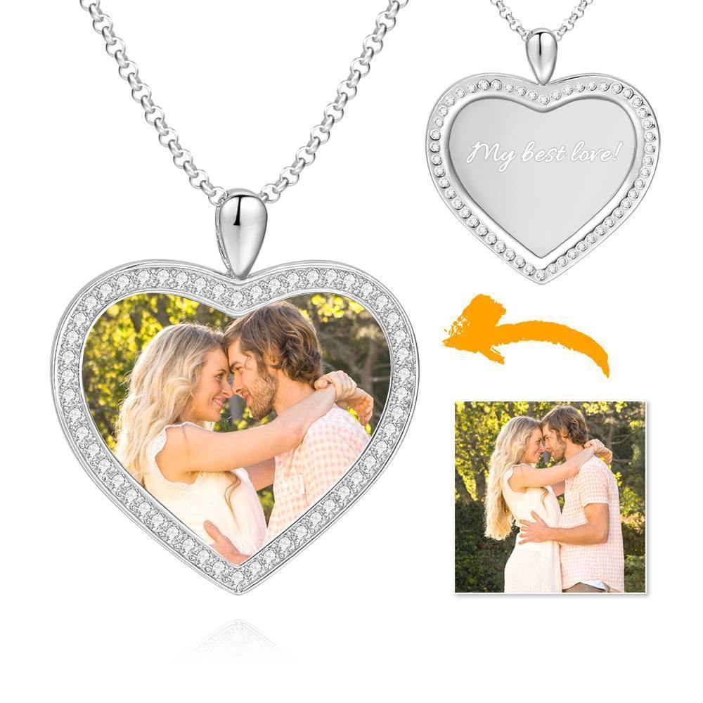 Women's Personalized Photo Engraved Necklace, Rhinestone Crystal Heart Shape Photo Necklace Platinum Plated Silver - Colorful