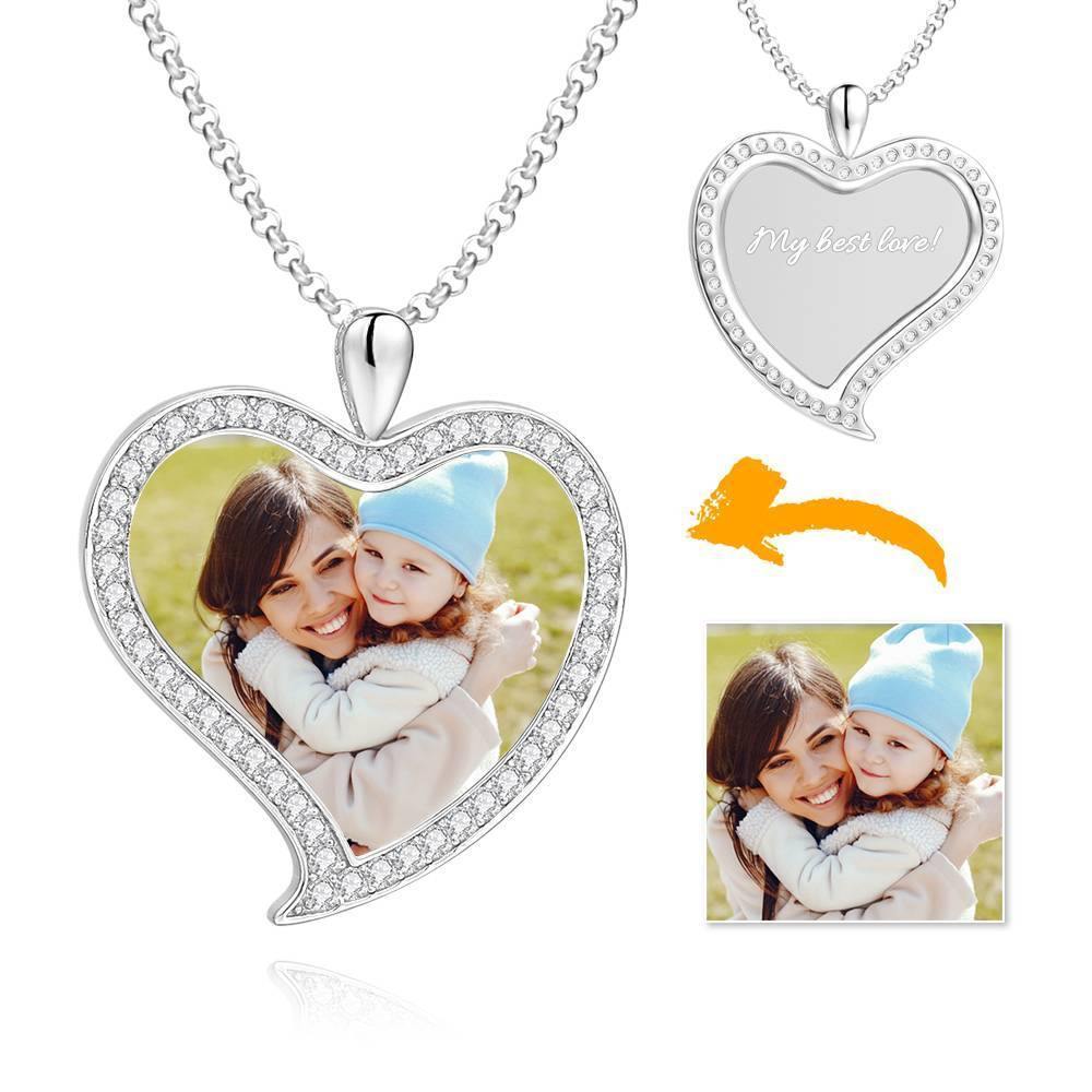 Women's Personalized Photo Engraved Necklace, Rhinestone Crystal Love Heart Shape Photo Necklace Platinum Plated Silver - Colorful - MadeMineAU