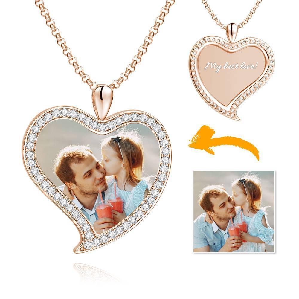 Women's Personalized Photo Engraved Necklace, Rhinestone Crystal Love Heart Shape Photo Necklace Platinum Plated Silver - Colorful - MadeMineAU
