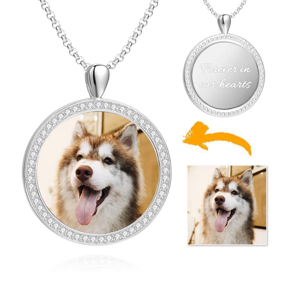 Women's Personalized Photo Engraved Necklace, Rhinestone Crystal Round Shape Photo Necklace Platinum Plated Silver - Colorful