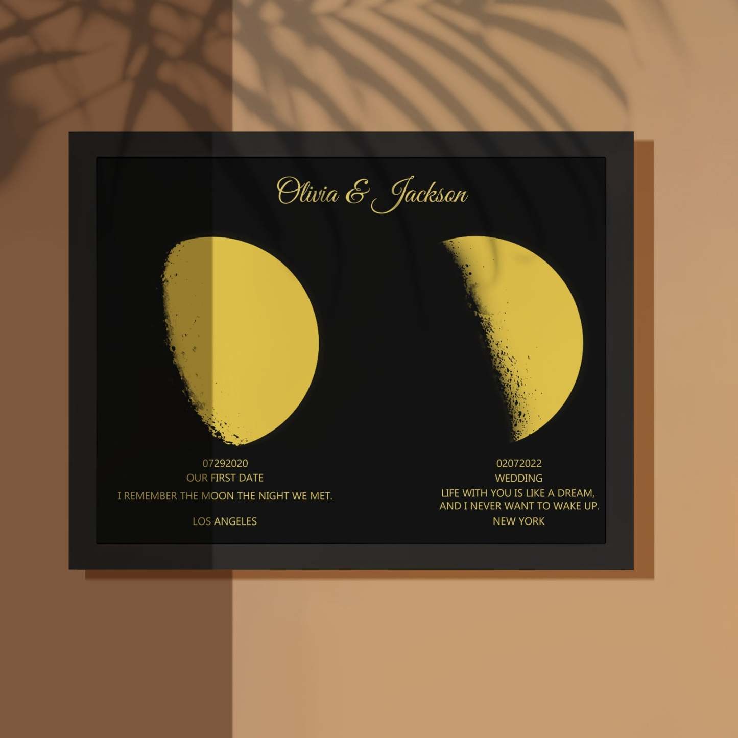 Custom Moon Phase and Names Wooden Frame with Personalized Text Gold Moon - MadeMineAU