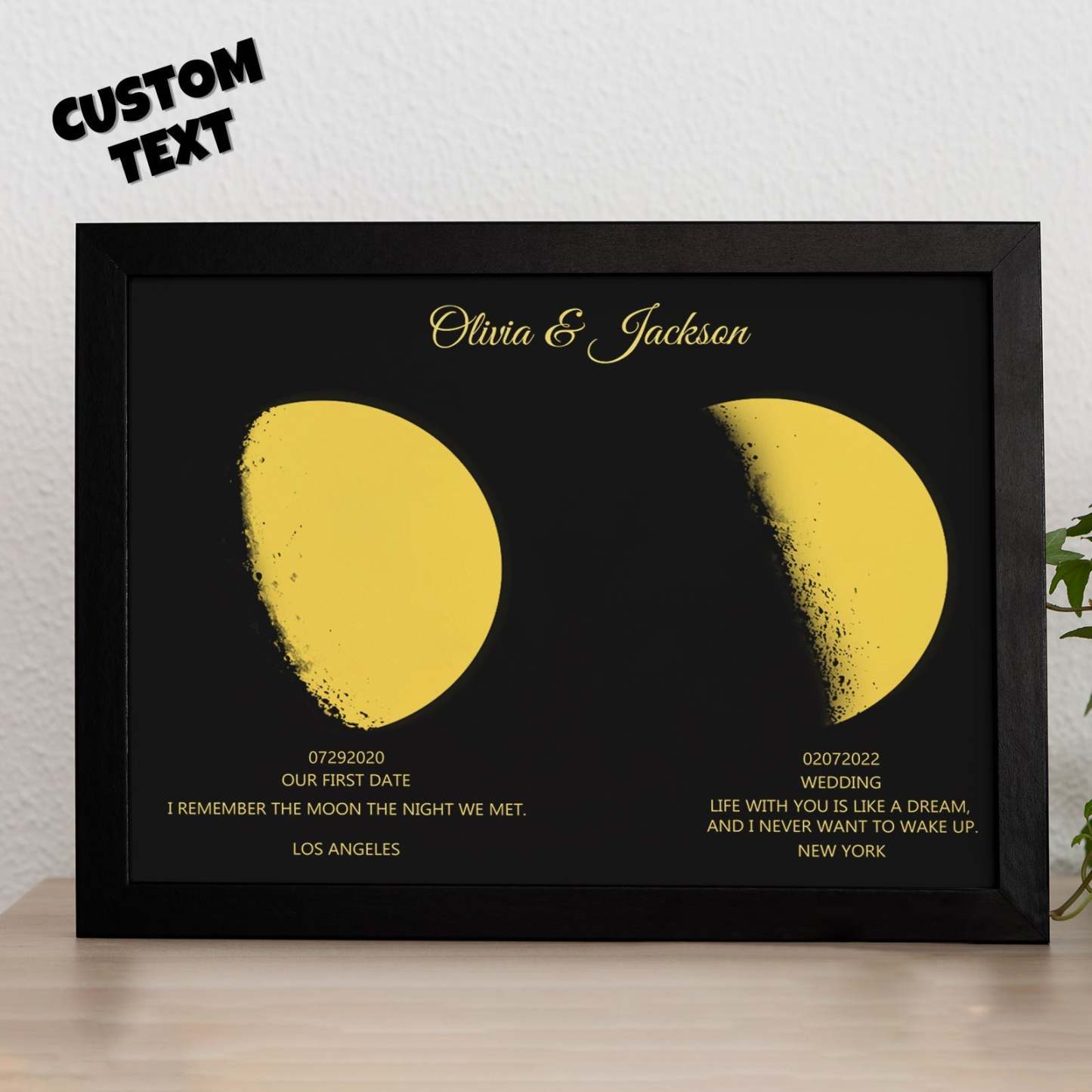 Custom Moon Phase and Names Wooden Frame with Personalized Text Gold Moon - MadeMineAU