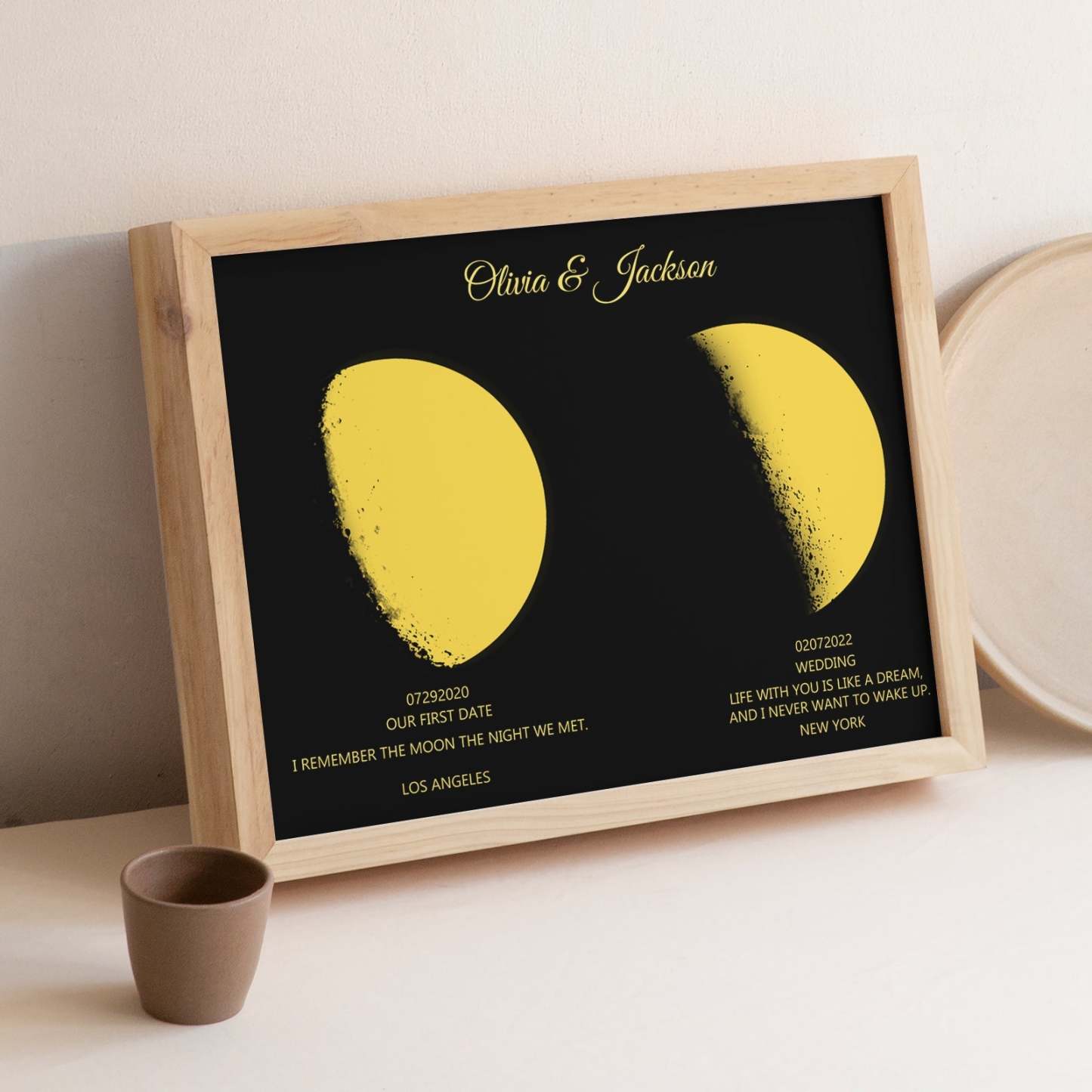 Custom Moon Phase and Names Wooden Frame with Personalized Text Gold Moon - MadeMineAU
