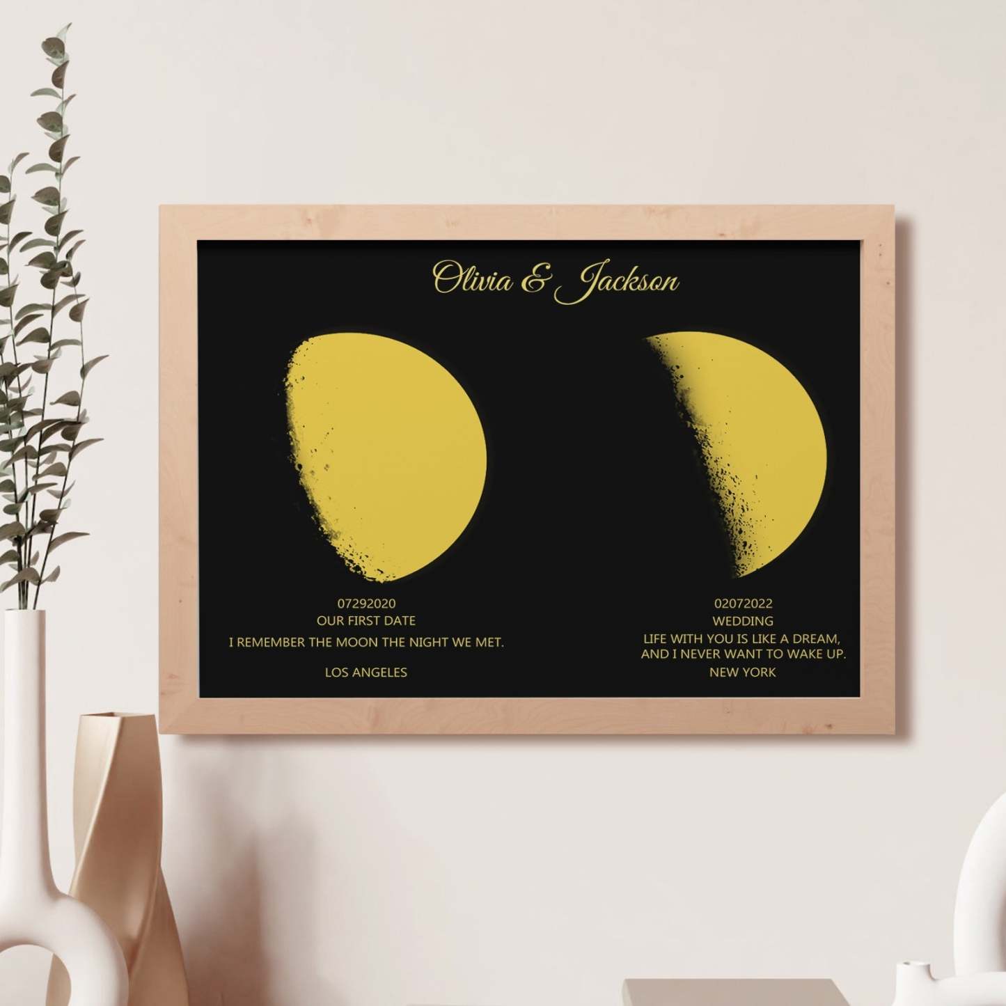 Custom Moon Phase and Names Wooden Frame with Personalized Text Gold Moon - MadeMineAU
