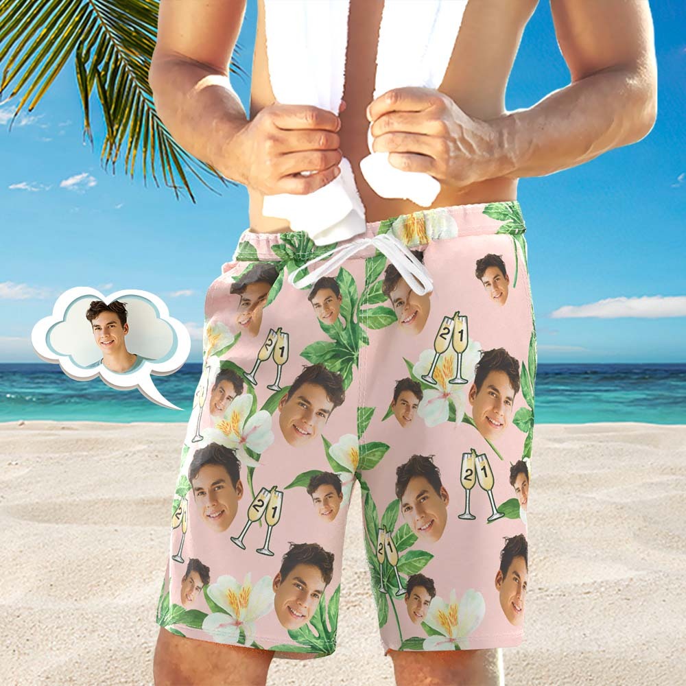 Custom Face Beach Shorts Number in Wine Glass Pink And Green Sleeves Face Beach Trunks Gift for Him - MadeMineAU