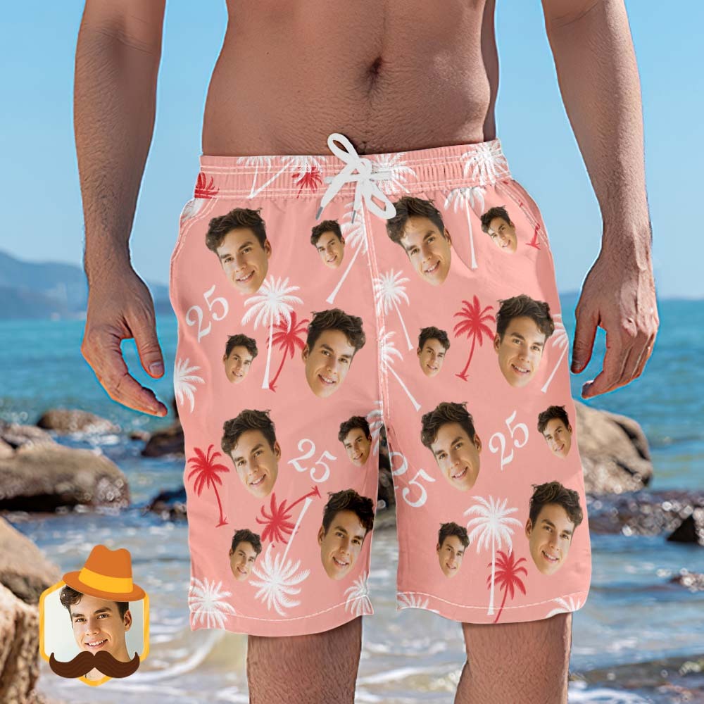 Custom Face And Number Birthday Beach Shorts Red And White Coconut Tree Beach Trunks - MadeMineAU