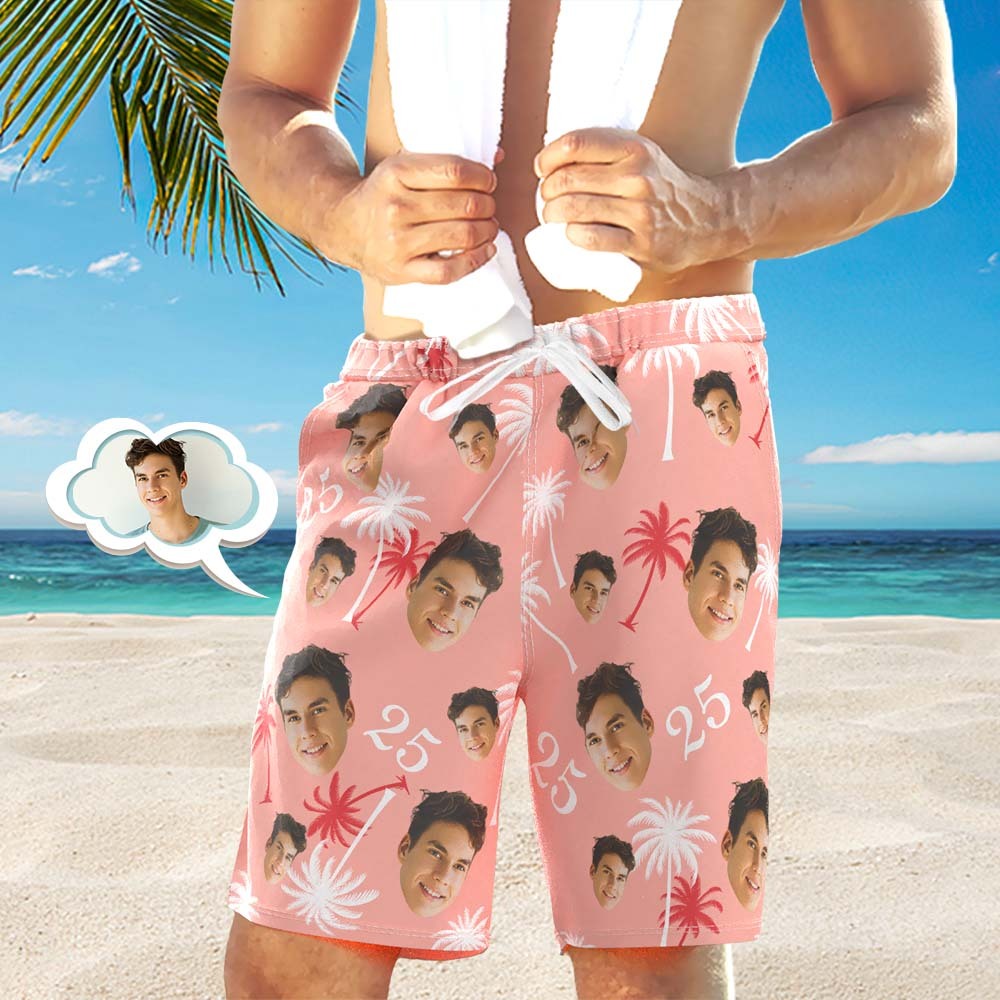 Custom Face And Number Birthday Beach Shorts Red And White Coconut Tree Beach Trunks - MadeMineAU