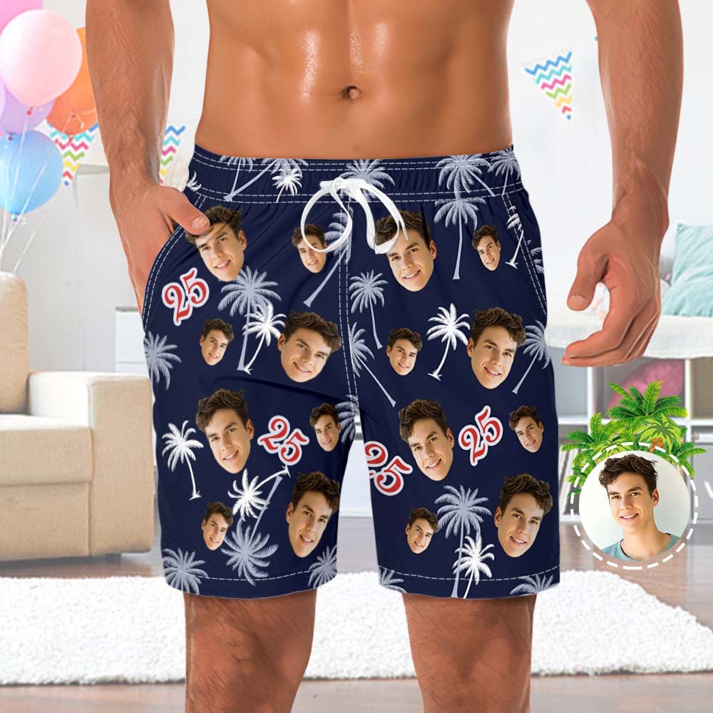 Custom Face And Number Birthday Beach Shorts Red And White Coconut Tree Beach Trunks - MadeMineAU