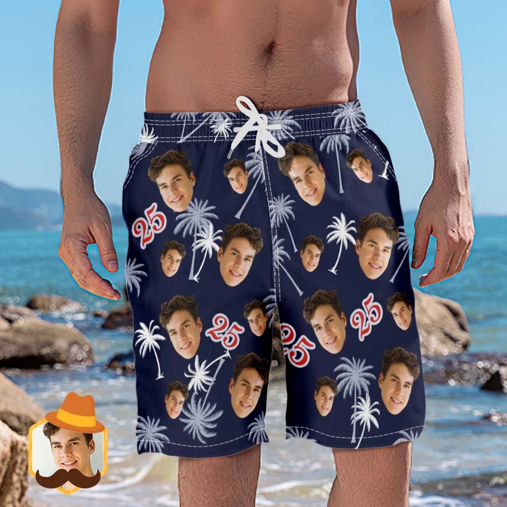 Custom Face And Number Birthday Beach Shorts Red And White Coconut Tree Beach Trunks - MadeMineAU