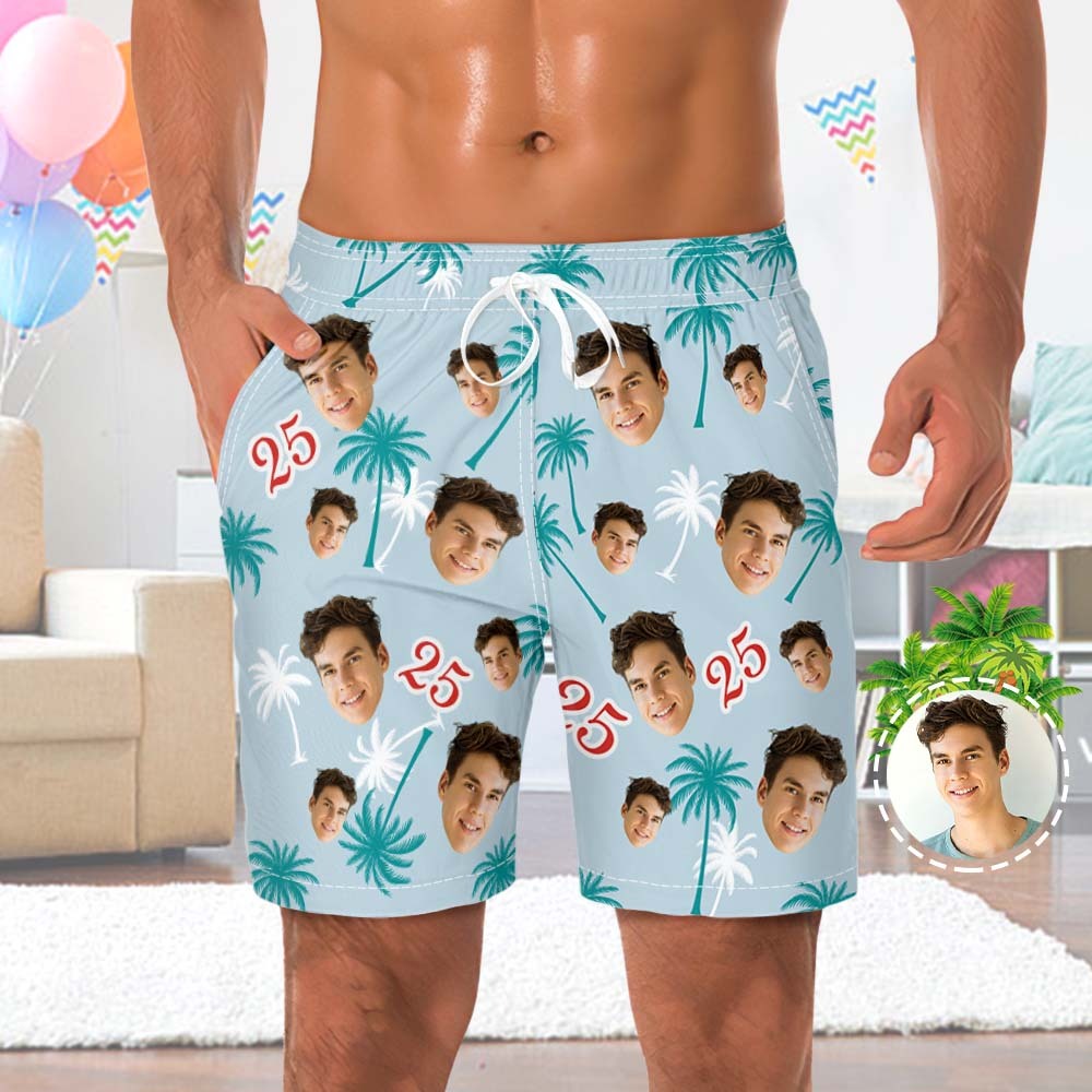 Custom Face And Number Birthday Beach Shorts Red And White Coconut Tree Beach Trunks - MadeMineAU