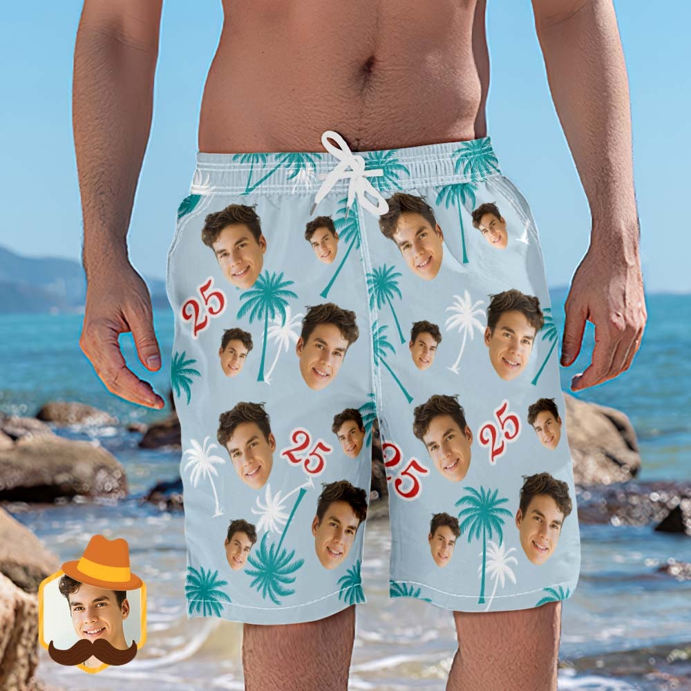 Custom Face And Number Birthday Beach Shorts Red And White Coconut Tree Beach Trunks - MadeMineAU