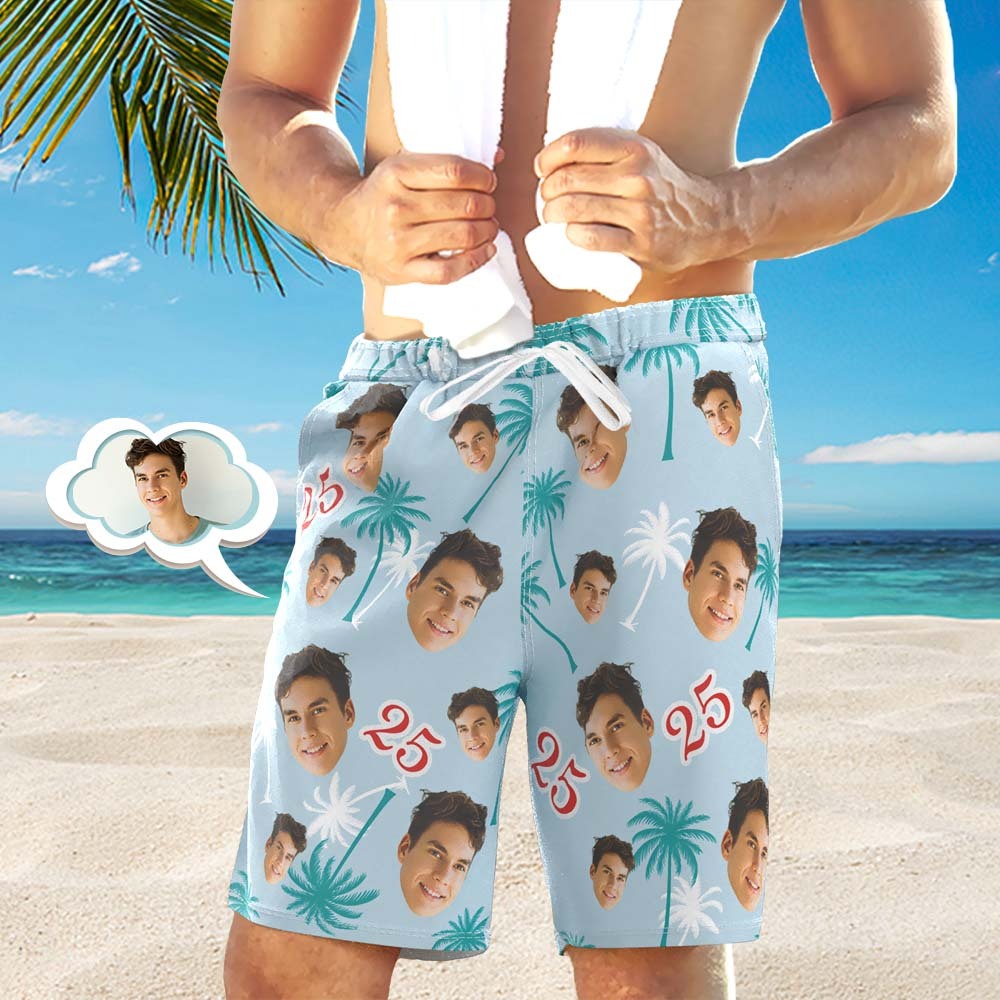 Custom Face And Number Birthday Beach Shorts Red And White Coconut Tree Beach Trunks - MadeMineAU