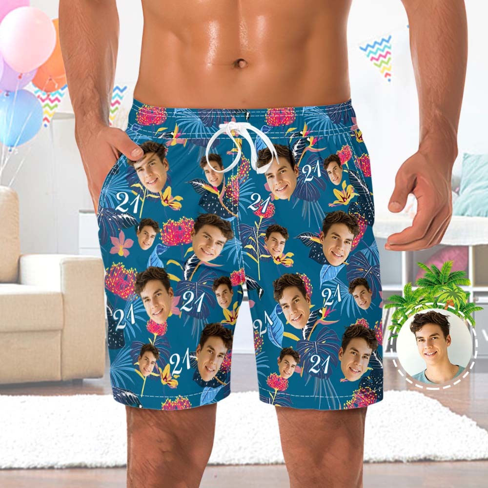 Custom Face Beach Shorts Number And Face Beach Shorts Dark Blue Sleeves And Pink Flowers - MadeMineAU