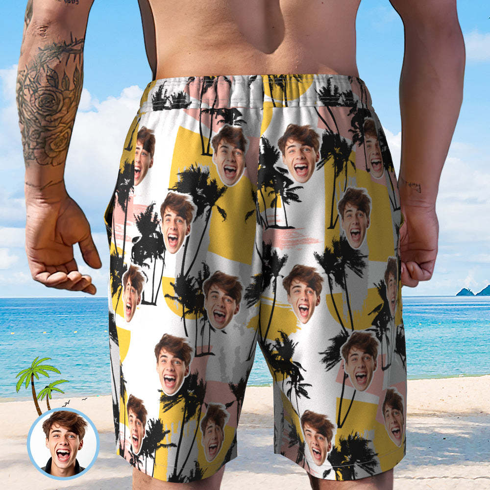 Custom Face Beach Short Personalized Photo Swim Trunks Random Palm Tree Print Shorts - MadeMineAU