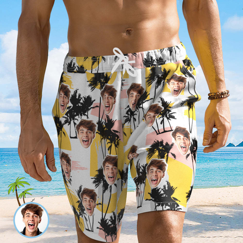 Custom Face Beach Short Personalized Photo Swim Trunks Random Palm Tree Print Shorts - MadeMineAU