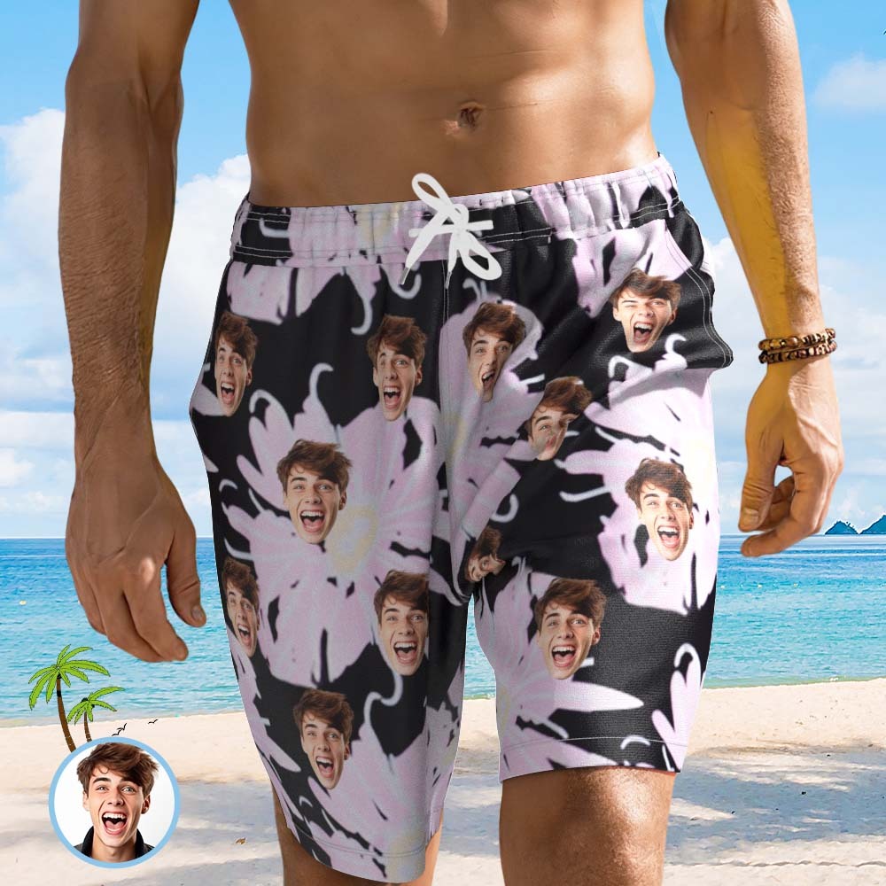 Custom Face Beach Short Personalized Photo Swim Trunks Random Floral Print Shorts - MadeMineAU