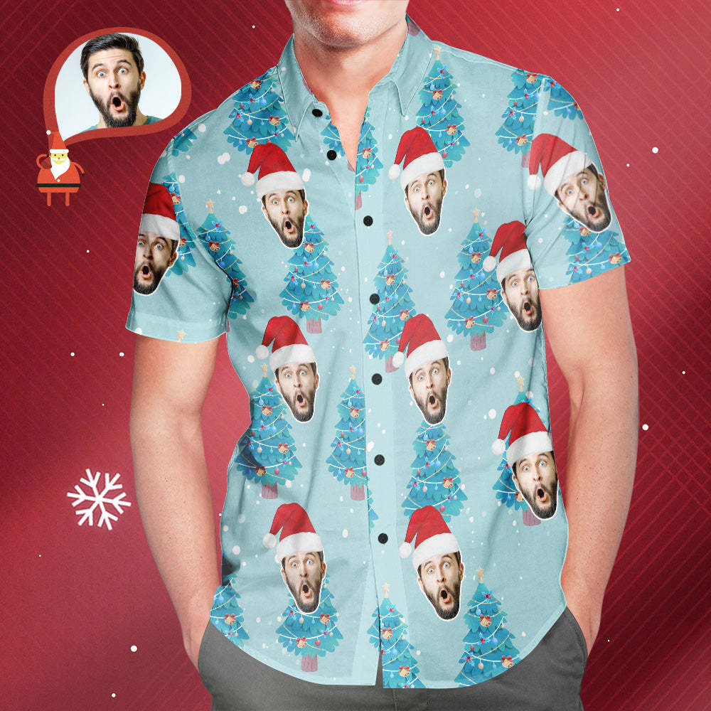 Custom Face All Over Print Blue Hawaiian Shirt Christmas Tree Style Gift for Him - MyHawaiianShirtsAU