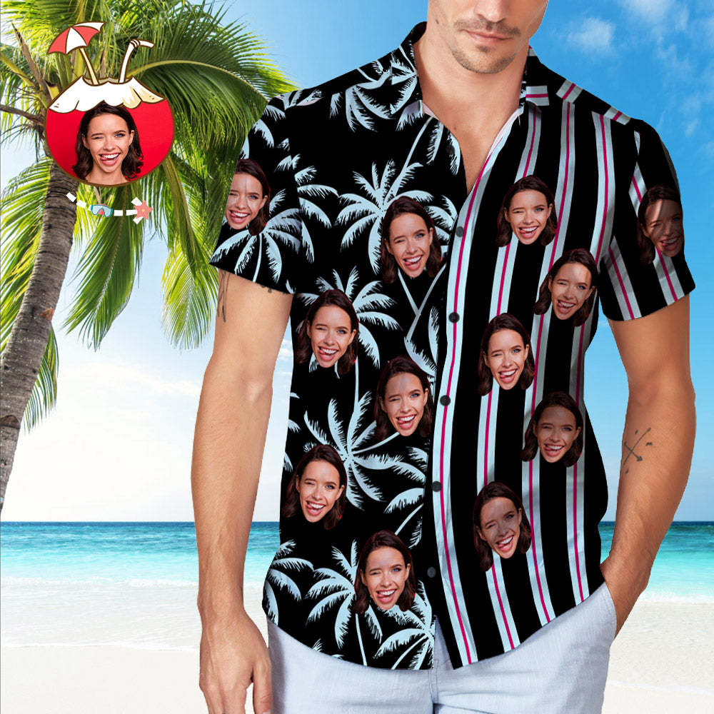 Custom Face Coconut Tree Pattern Hawaiian Shirt Personalized Striped Hawaiian Shirt - MadeMineAU