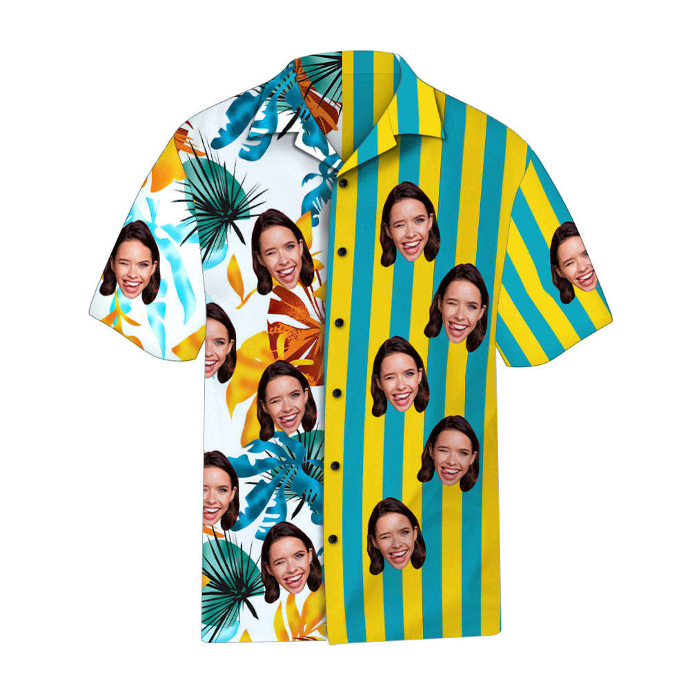 Custom Face Striped Hawaiian Shirt Tropical Leaves Pattern Hawaiian Shirt - MadeMineAU