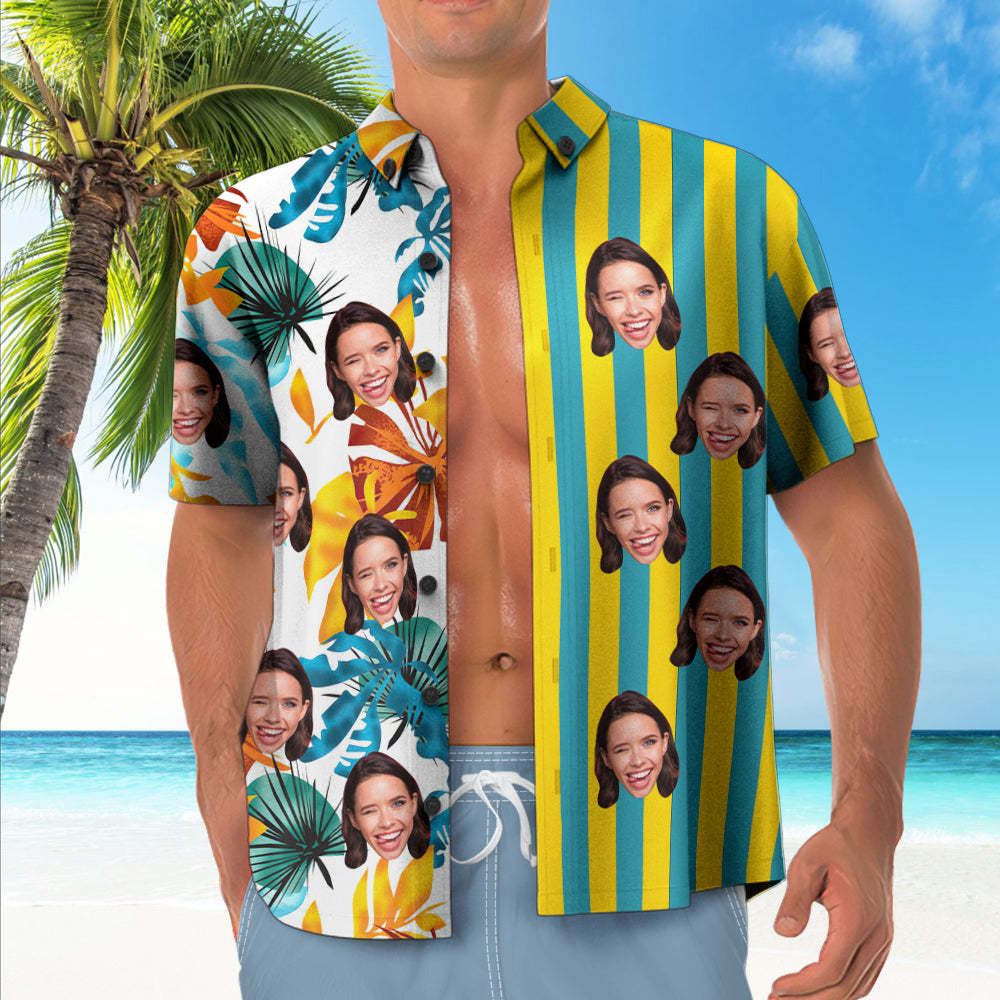Custom Face Striped Hawaiian Shirt Tropical Leaves Pattern Hawaiian Shirt - MadeMineAU