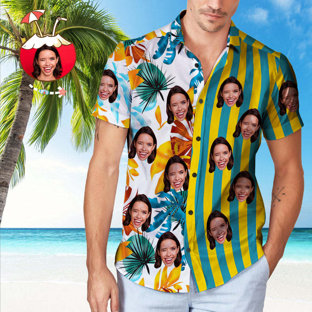 Custom Face Striped Hawaiian Shirt Tropical Leaves Pattern Hawaiian Shirt - MadeMineAU