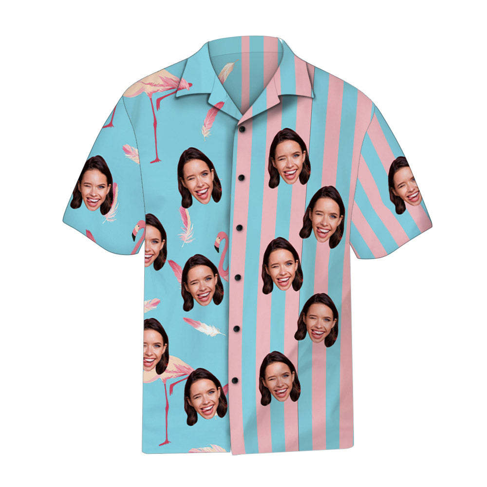 Custom Face Striped Hawaiian Shirt Pink Flamingo Pattern Hawaiian Shirt - MadeMineAU
