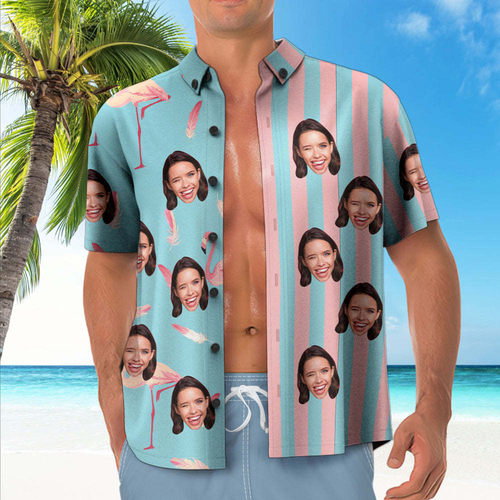 Custom Face Striped Hawaiian Shirt Pink Flamingo Pattern Hawaiian Shirt - MadeMineAU