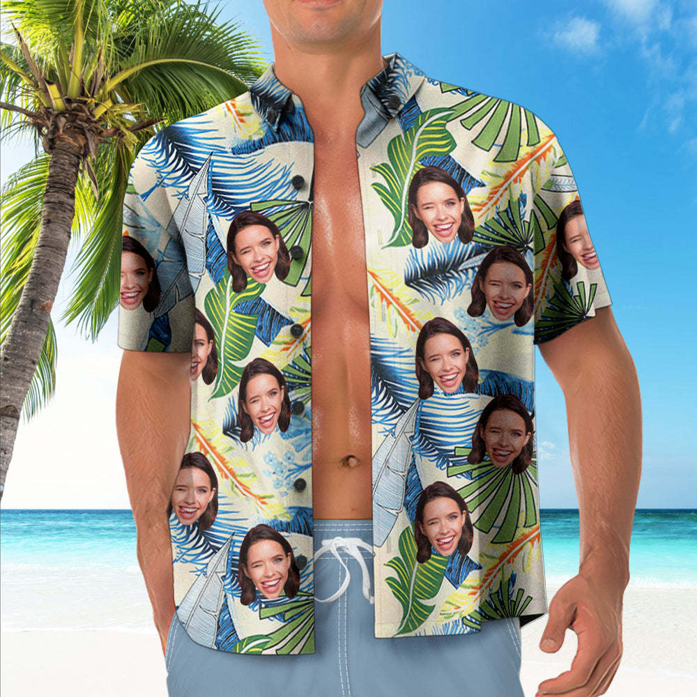 Custom Face Hawaiian Shirt Blue Green Leaves Pattern Hawaiian Shirt - MadeMineAU