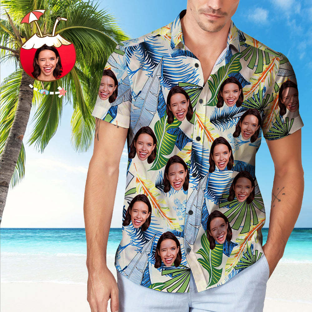 Custom Face Hawaiian Shirt Blue Green Leaves Pattern Hawaiian Shirt - MadeMineAU