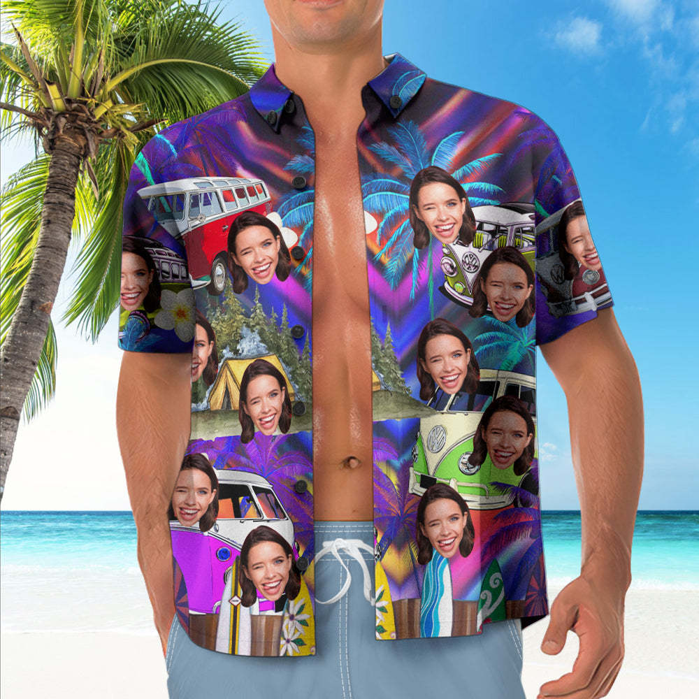 Custom Face Hawaiian Shirt Beach Bus Pattern Hawaiian Shirt - MadeMineAU