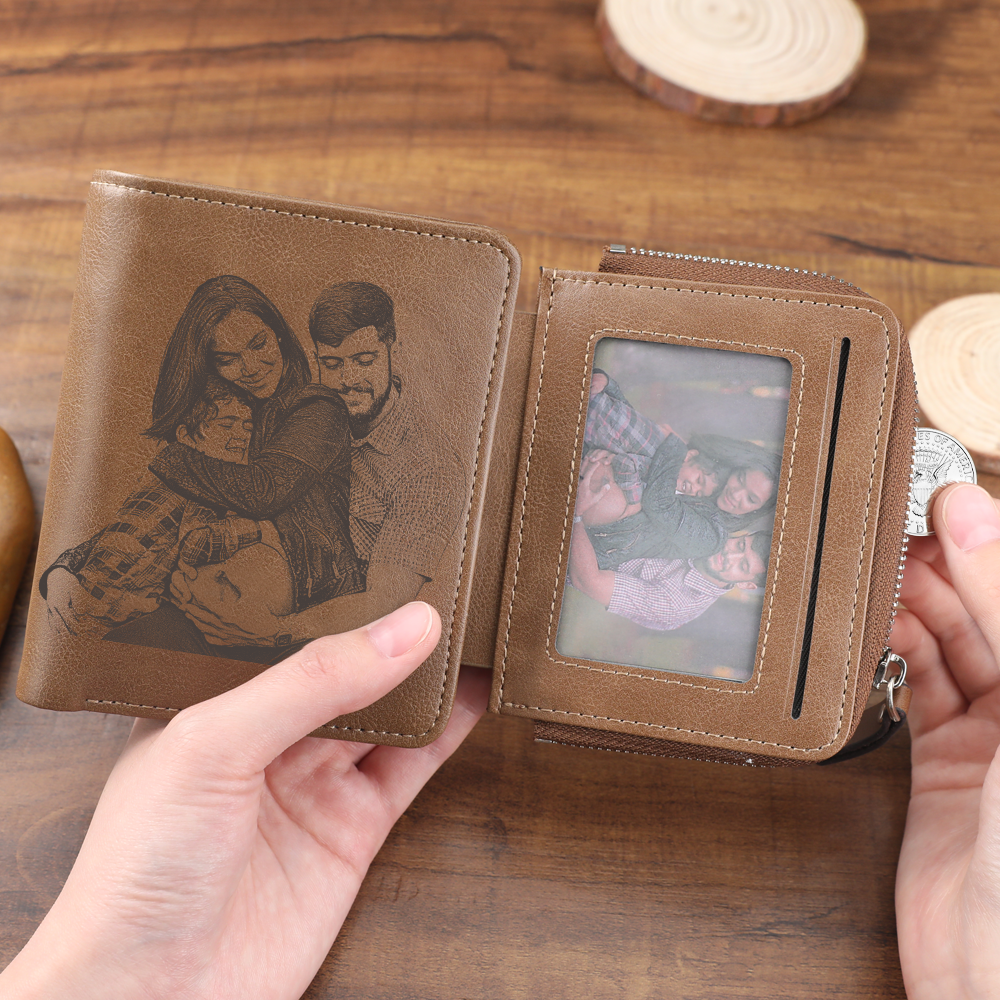 Men's Trifold Brown Custom Sketch Photo Wallet
