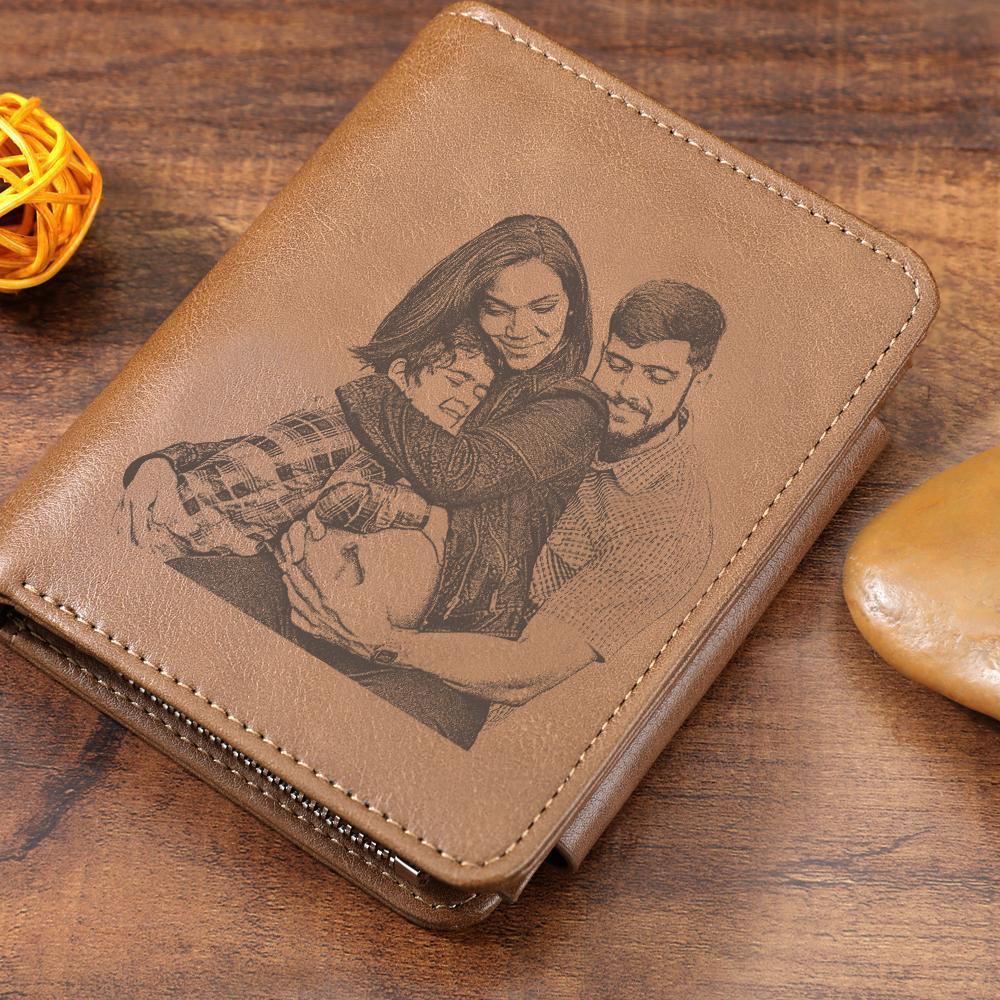 Men's Trifold Brown Custom Sketch Photo Wallet