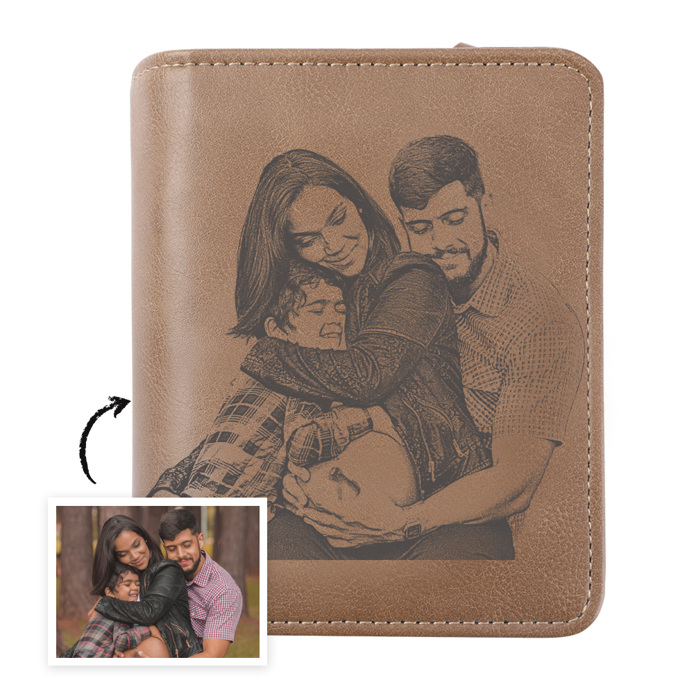 Men's Trifold Brown Custom Sketch Photo Wallet
