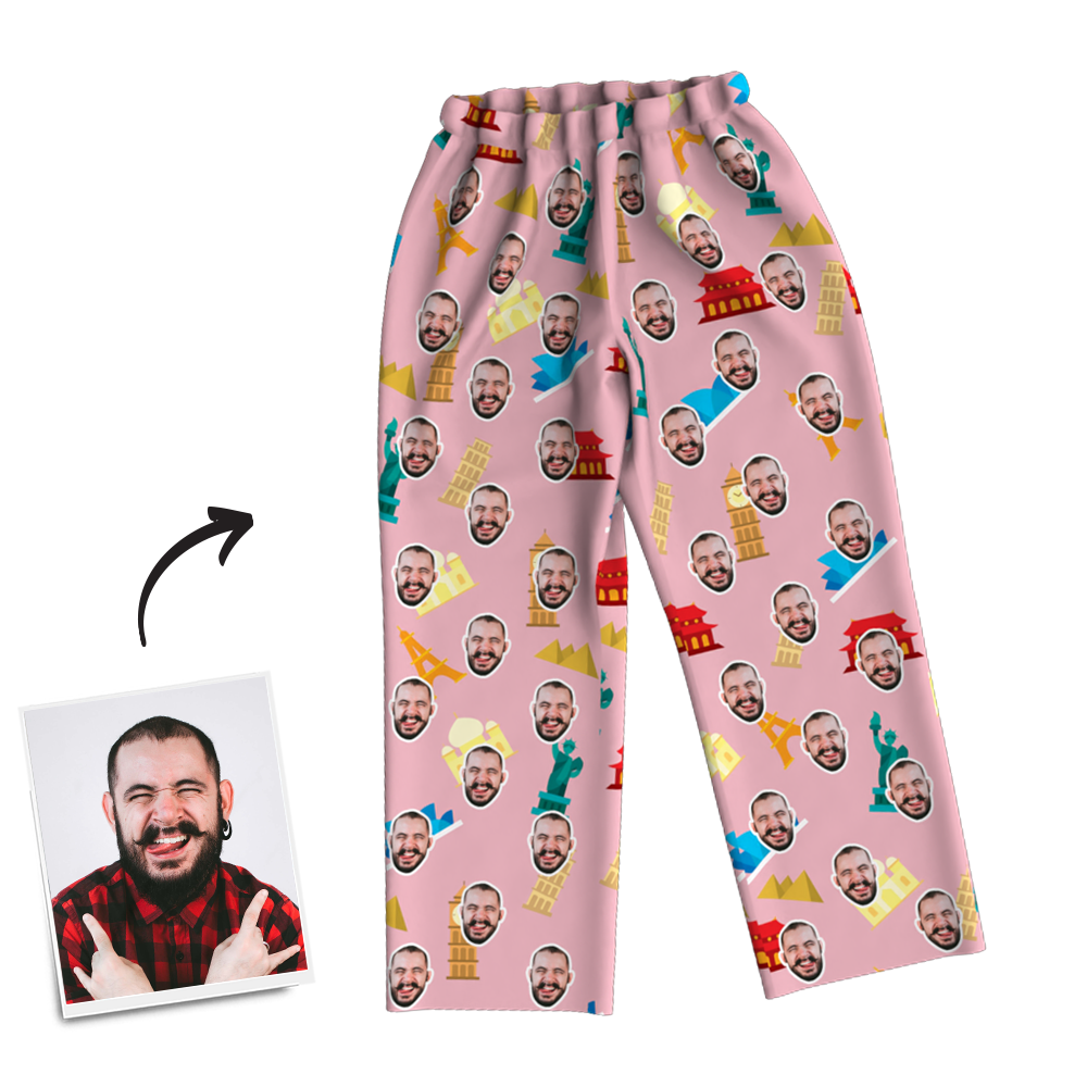 Custom Face Photo Pajama Pants Travel Around The World, Nightwear - MadeMineAU