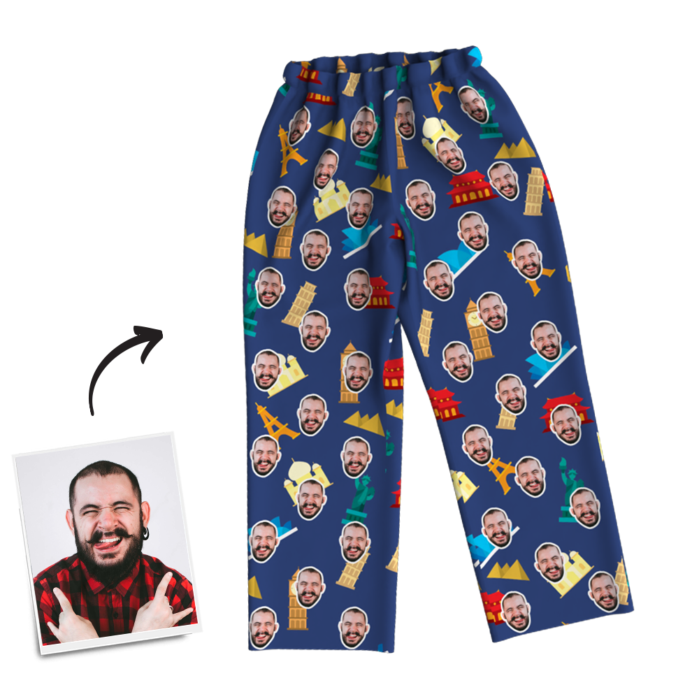 Custom Face Photo Pajama Pants Travel Around The World, Nightwear - MadeMineAU