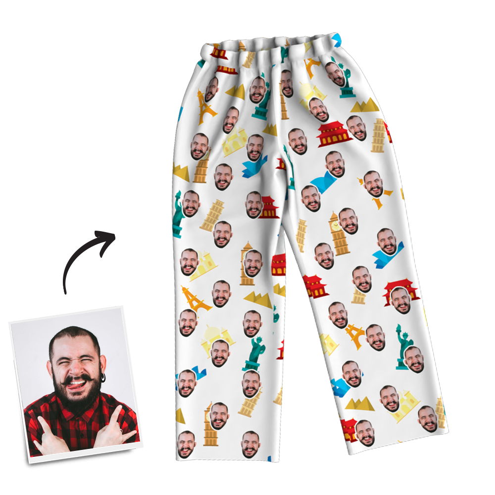Custom Face Photo Pajama Pants Travel Around The World, Nightwear - MadeMineAU