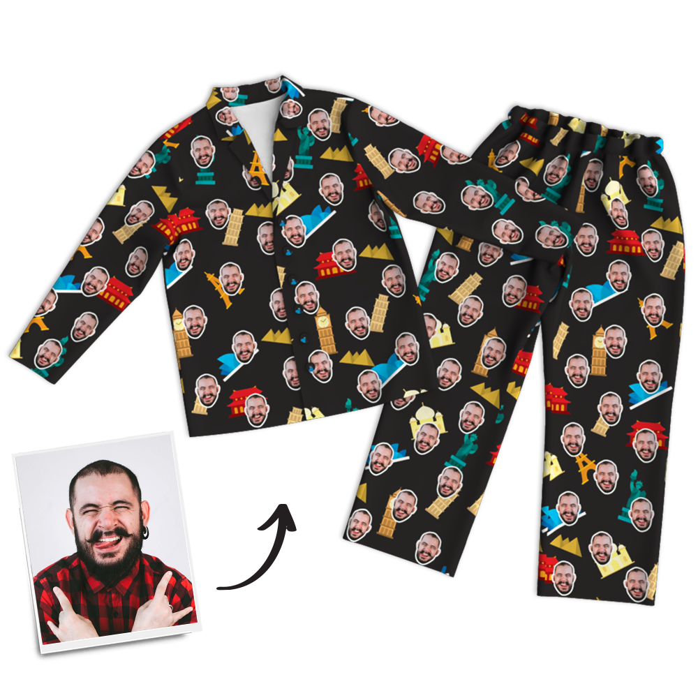 Custom Face Photo Pajama Pants Travel Around The World, Nightwear - MadeMineAU