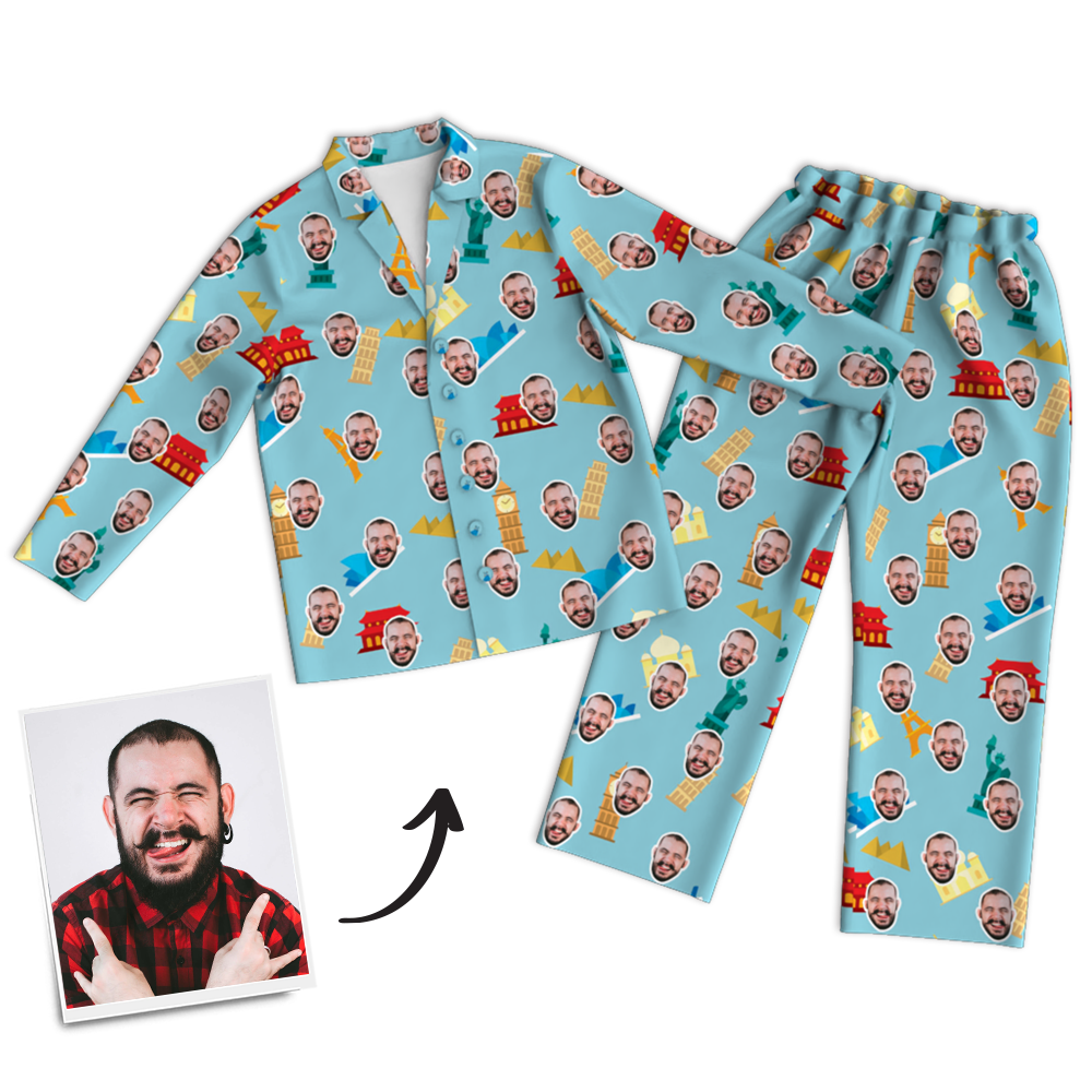 Custom Face Photo Pajama Pants Travel Around The World, Nightwear - MadeMineAU