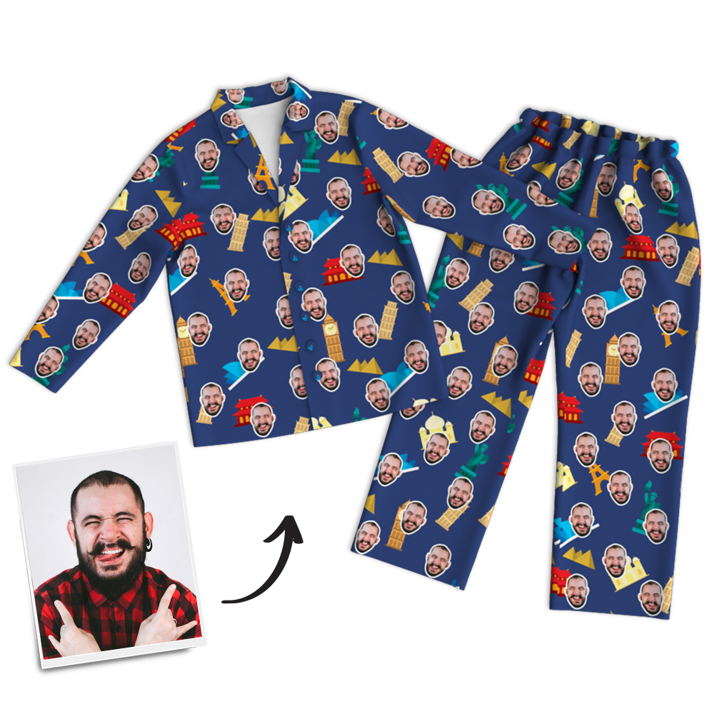Custom Face Photo Pajama Pants Travel Around The World, Nightwear - MadeMineAU