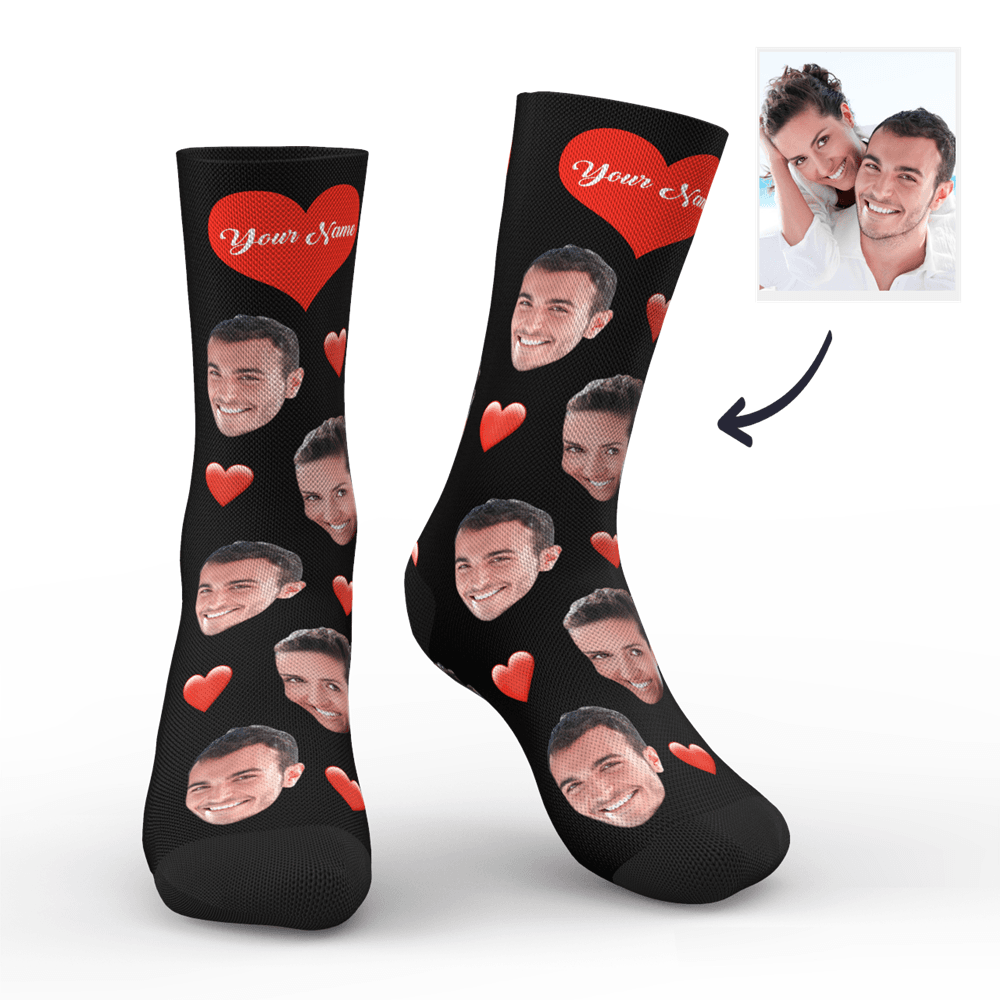 3D Preview Custom Face Heart Socks with Your Text - MadeMineAU