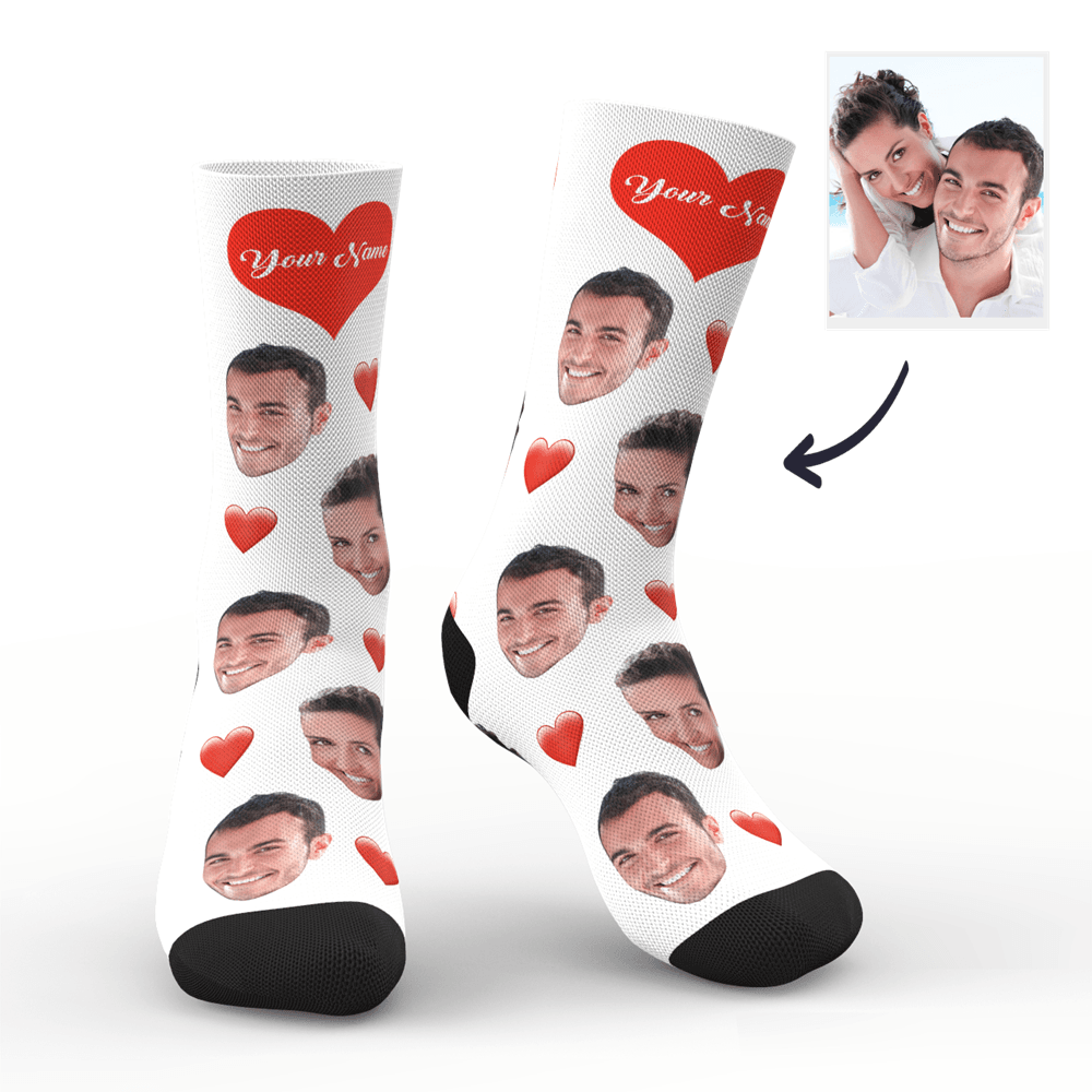 3D Preview Custom Face Heart Socks with Your Text - MadeMineAU