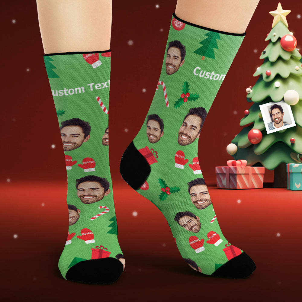 Custom Face Socks Personalized Photo Green Socks Christmas Gingerbread Man - MadeMineAU