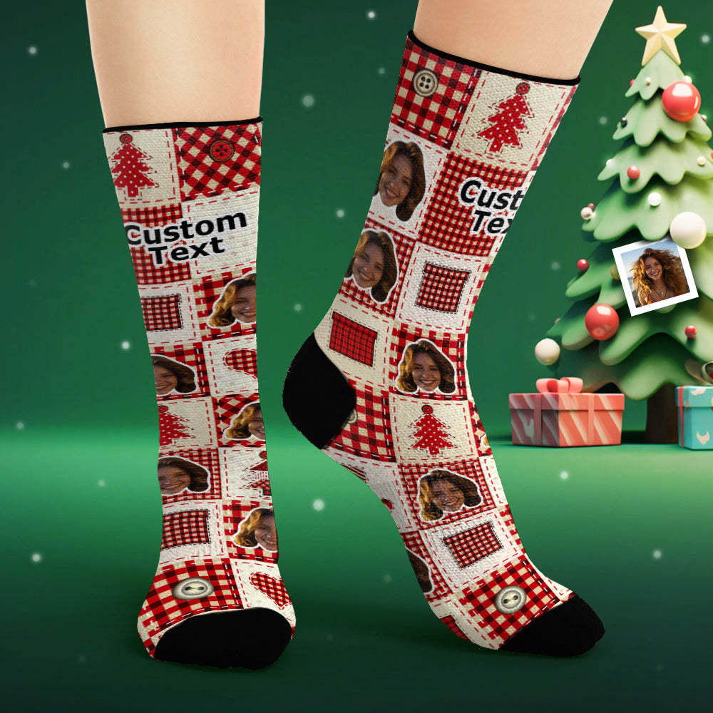 Custom Face Socks Personalized Photo Socks Christmas Plaid Pattern - MadeMineAU